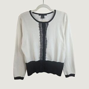 Preppy Lace Trim Cardigan M Cream White Black Knit Button Front Classic Sweater
